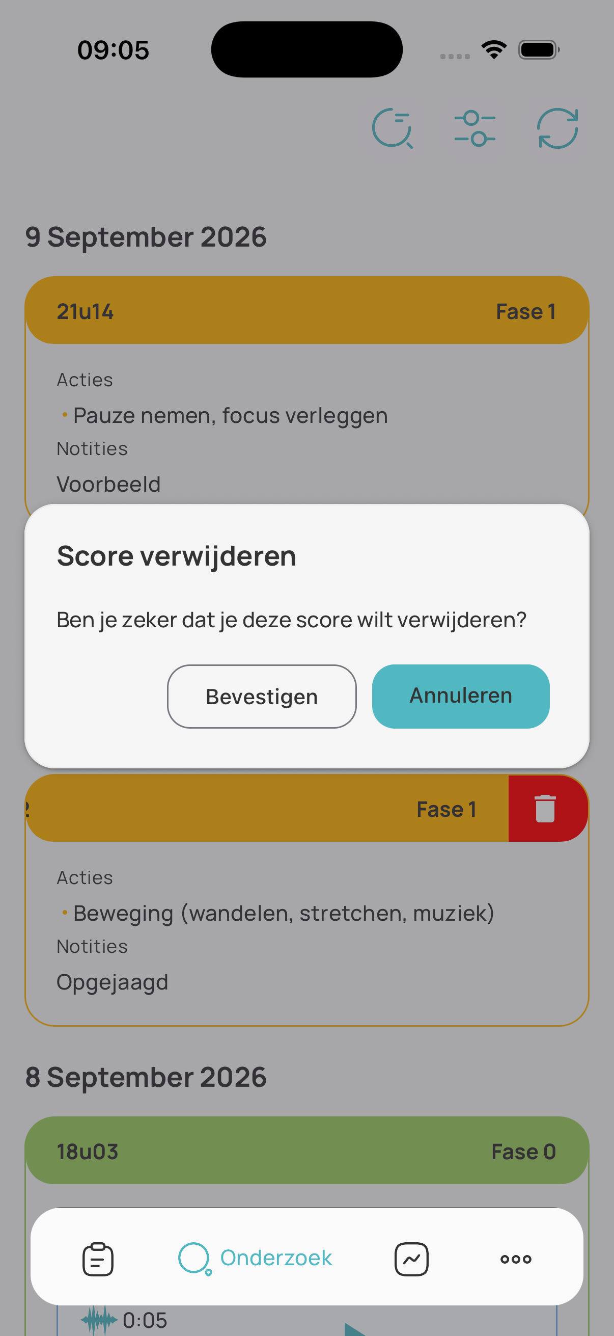 score verwijderen in het onderzoekstabblad