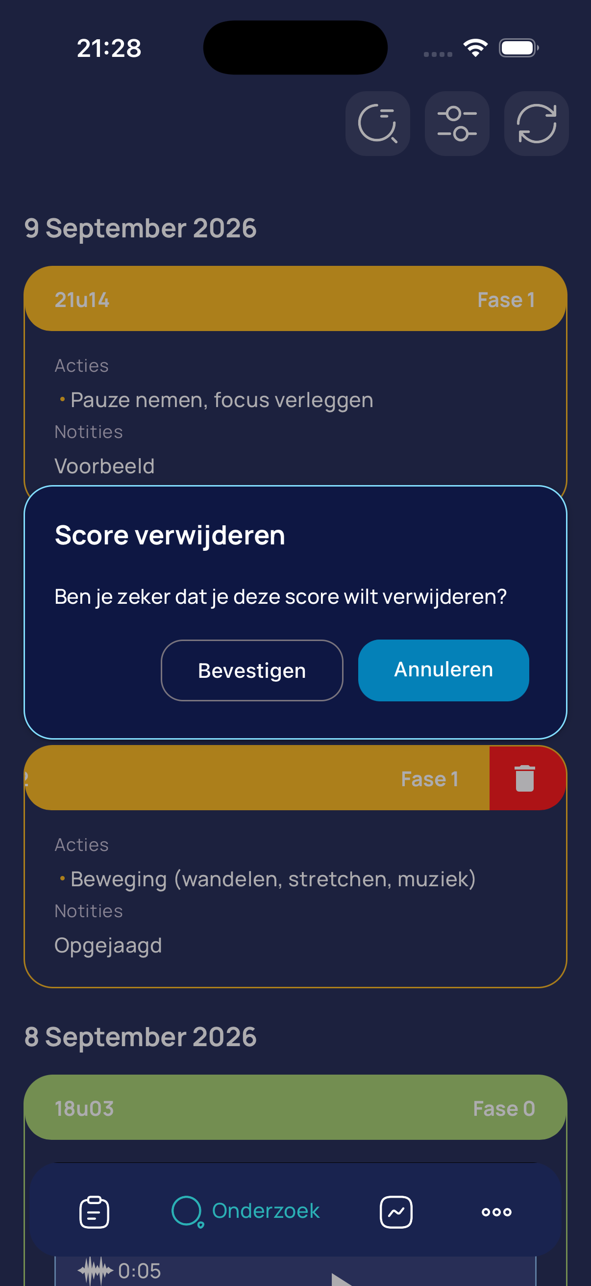 score verwijderen in het onderzoekstabblad